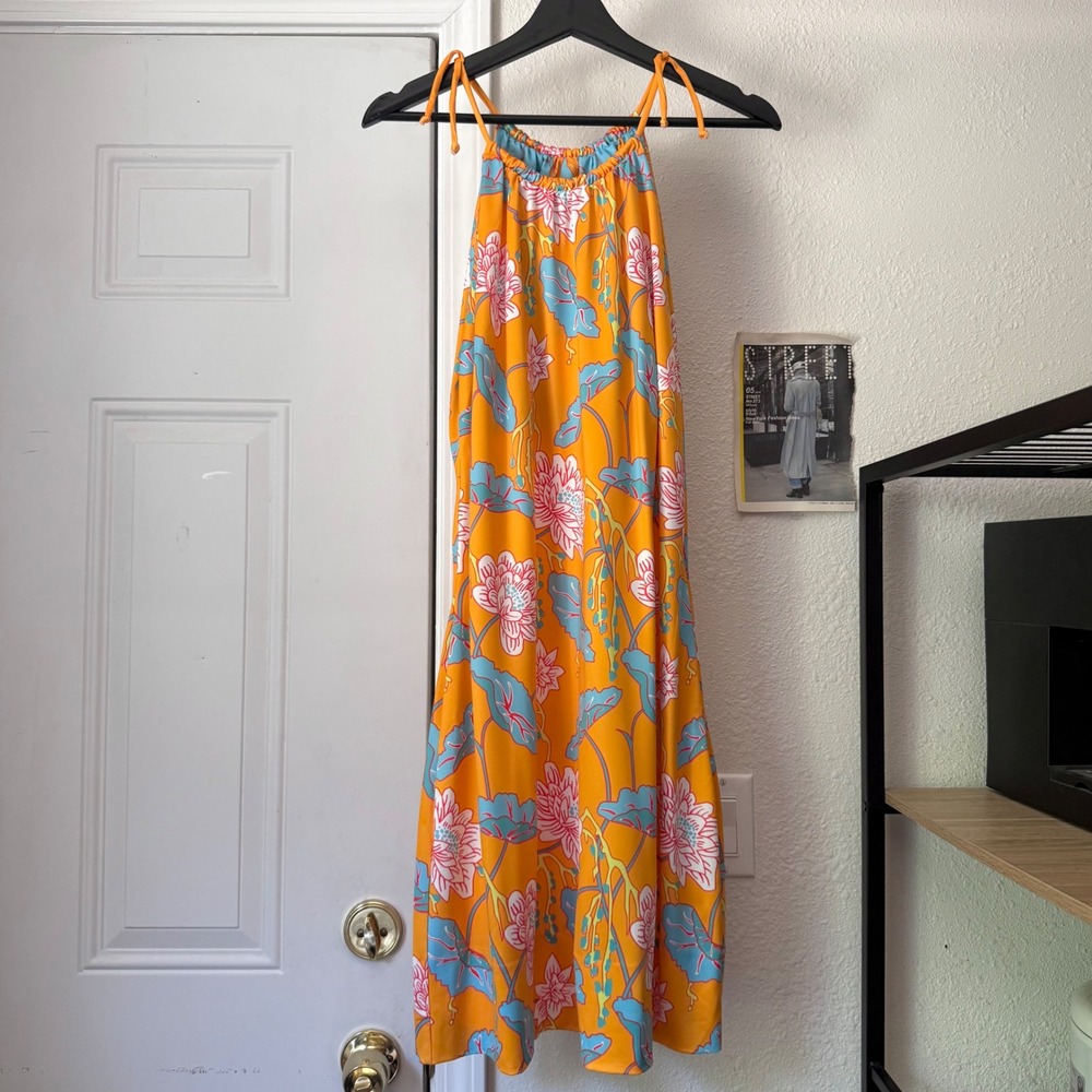 GRETCHEN SCOTT Orange blue tropical floral‎ high neck sleeveless midi dress